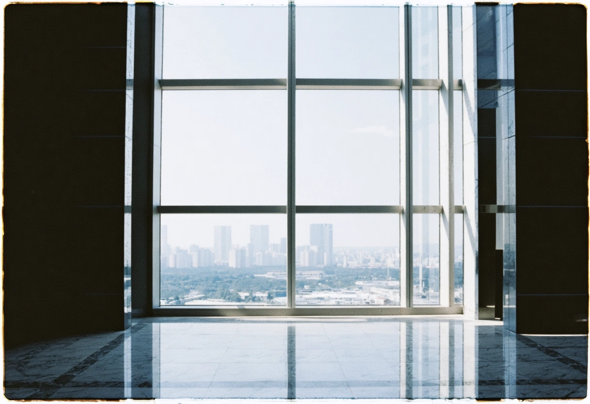 High-rise interior with seamless tile flooring and modern design, brightly lit