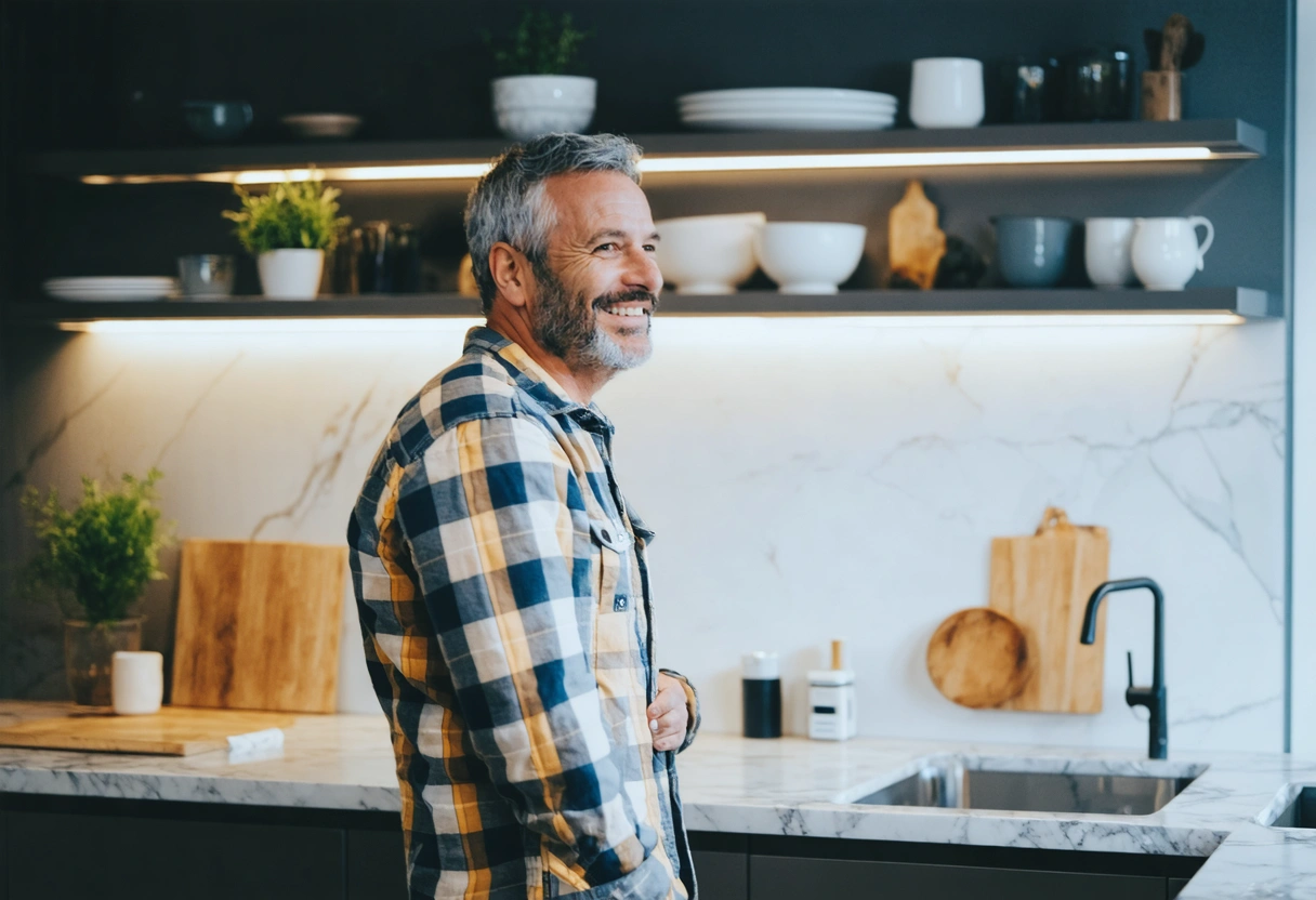 A homeowner admiring their newly installed backsplash in a modern kitchen, smiling with satisfaction. The