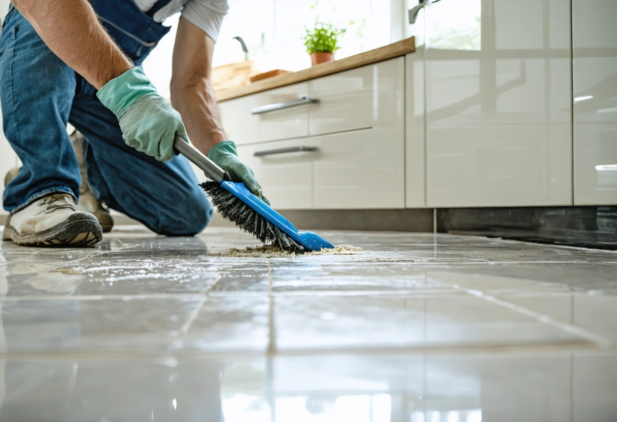 Homeowner cleaning grout lines on a sunlit kitchen floor.