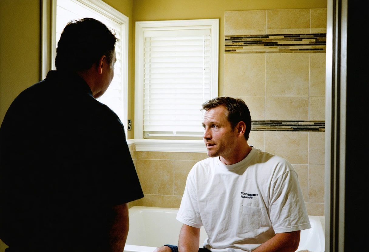 Homeowner and professional discussing shower restoration plans in bathroom