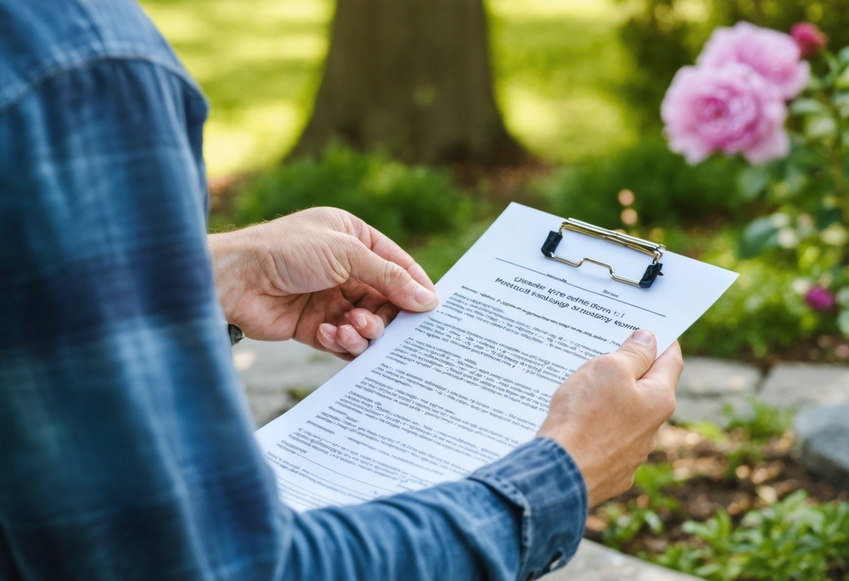 Homeowner and contractor discussing paver sealing costs in garden