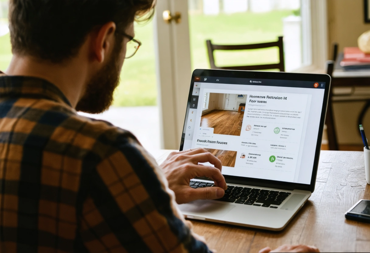 Homeowner reviewing floor restoration quotes on laptop in home office