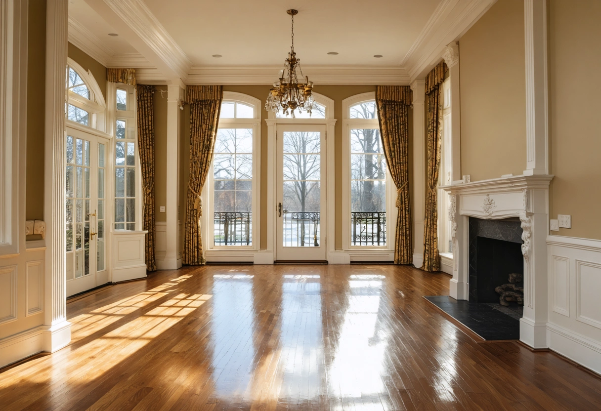Luxurious living room with hardwood floors, elegant moldings, and sunlight through windows