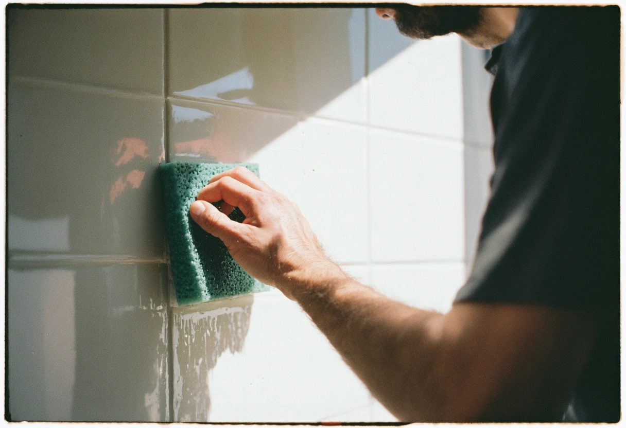 A person applying sealer to a newly installed backsplash with a sponge, ensuring even coverage.