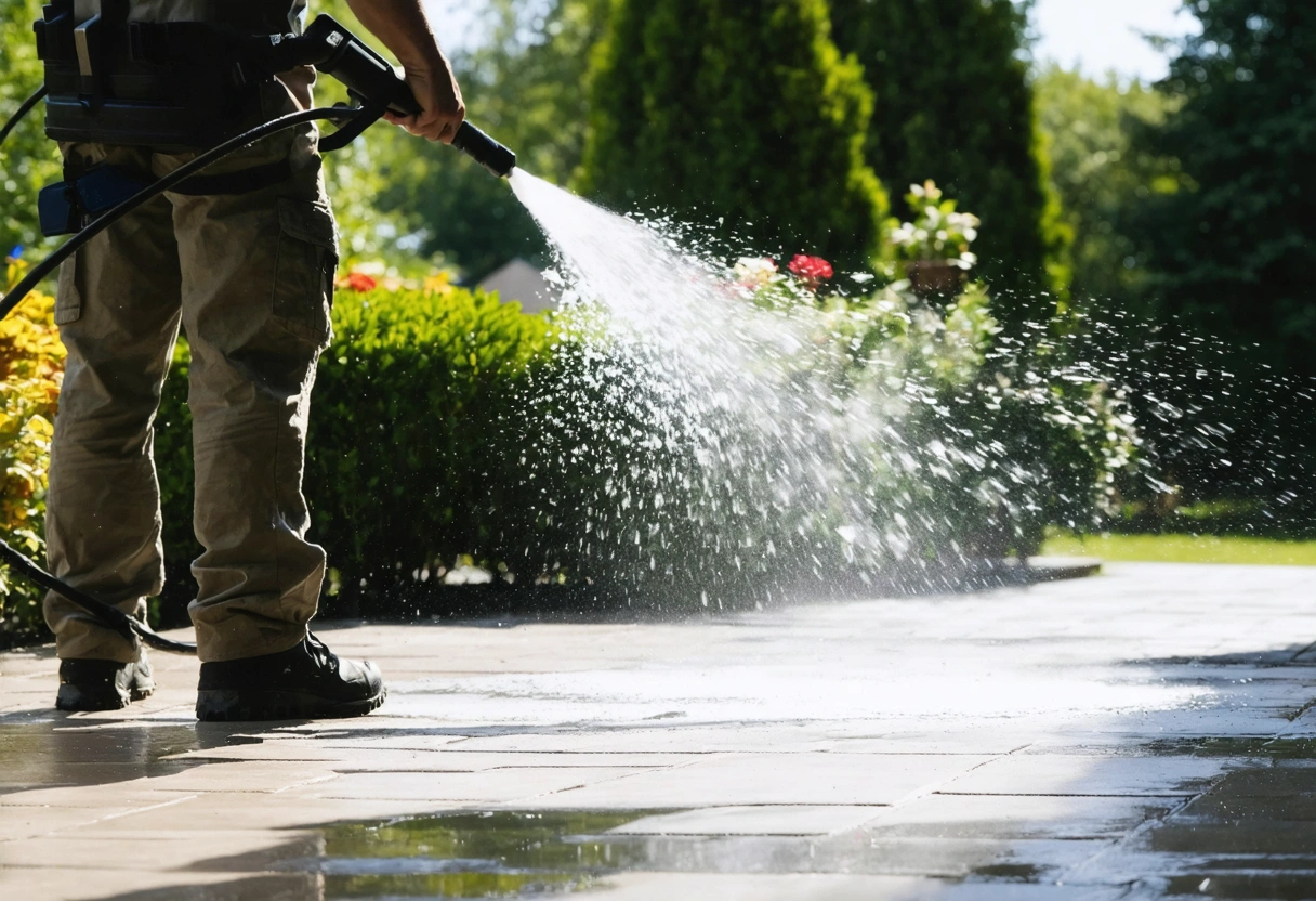 Person pressure washing patio pavers under sunny sky, water spraying evenly