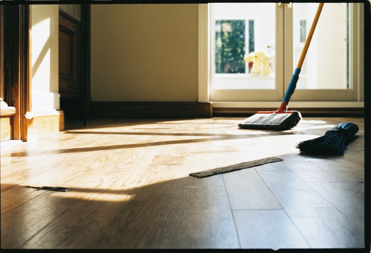 Sunlit hardwood floor with broom and mop, illustrating maintenance