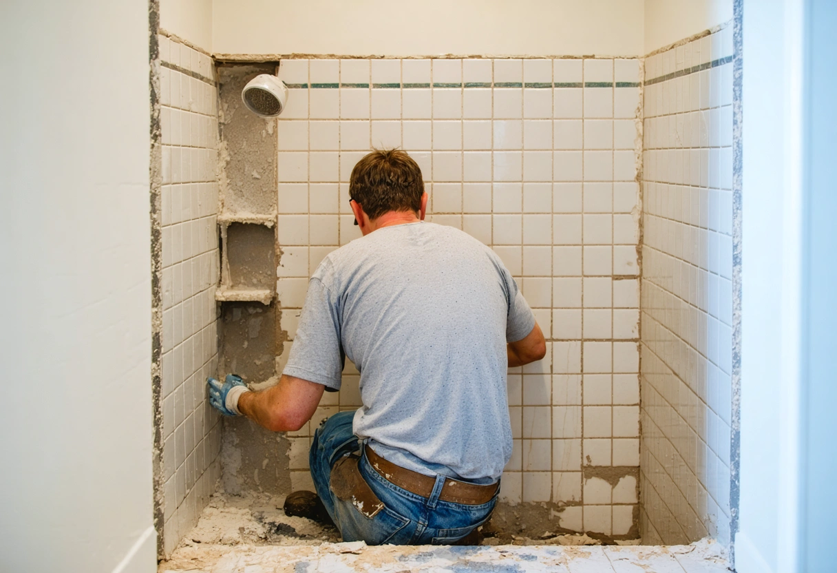 Professional restoring shower, replacing tiles and applying grout