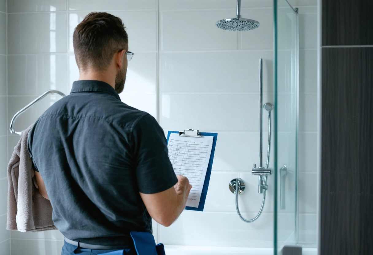 A property manager inspecting a bathroom with a checklist, ensuring proactive maintenance. The room is