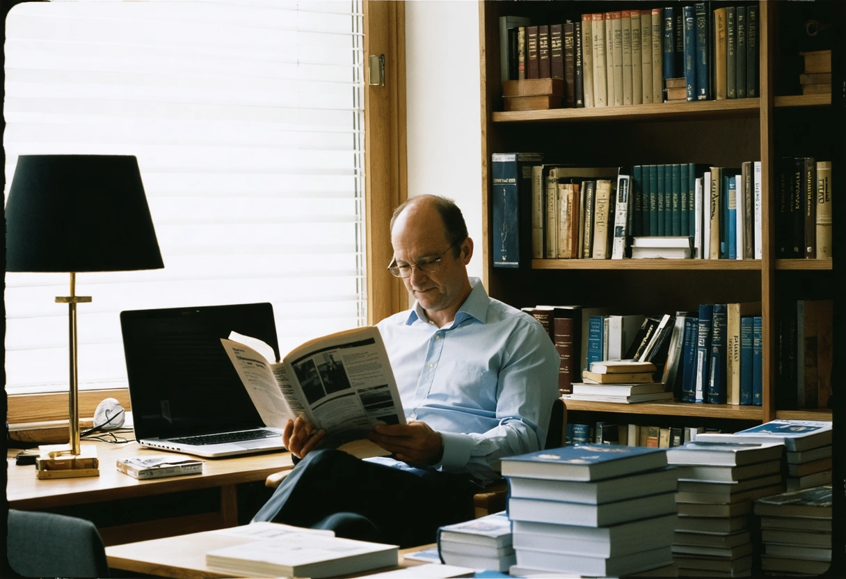 A property owner reading a maintenance guide in a modern office, surrounded by books and