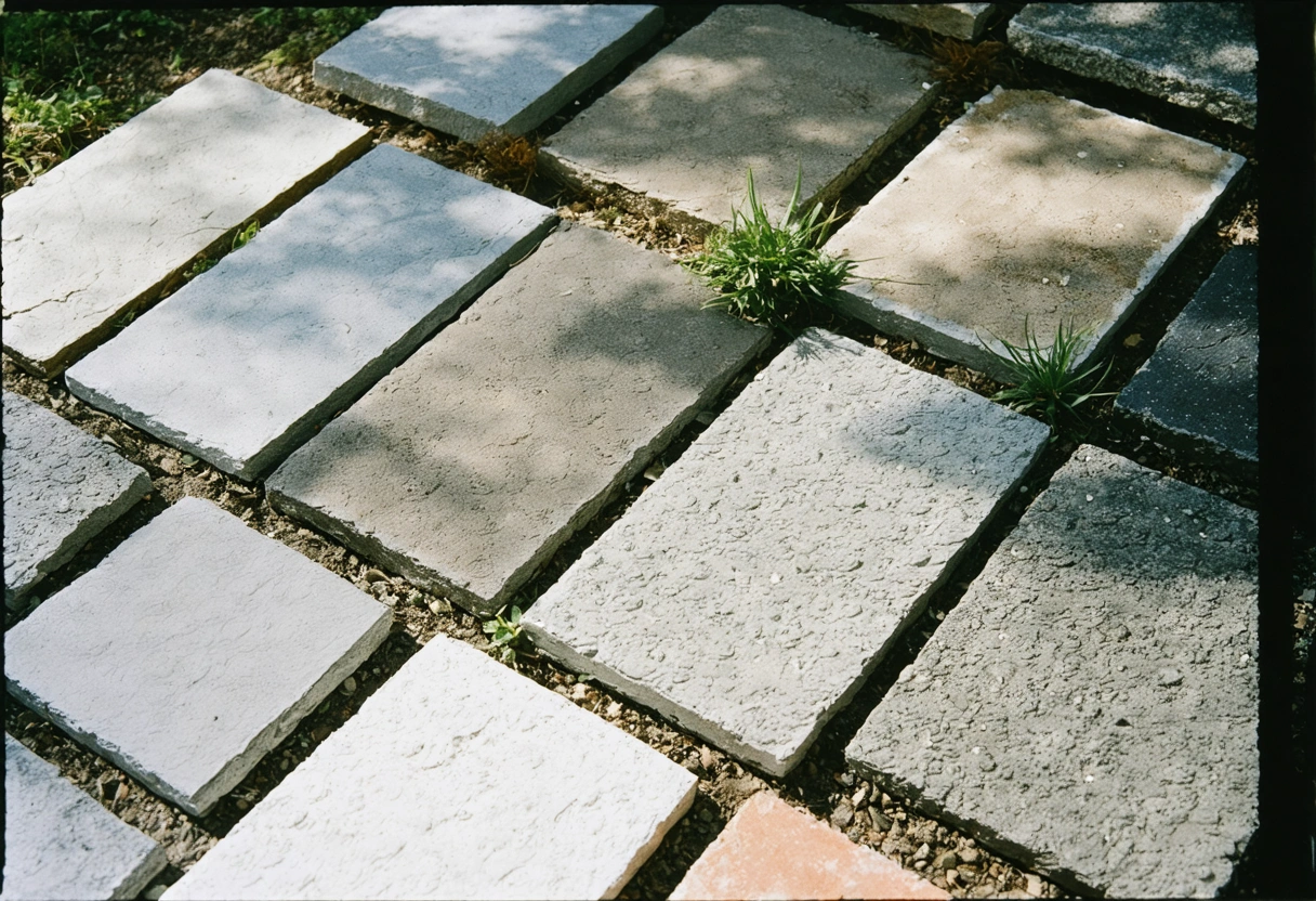 Various paver materials in garden setting, highlighting texture and color