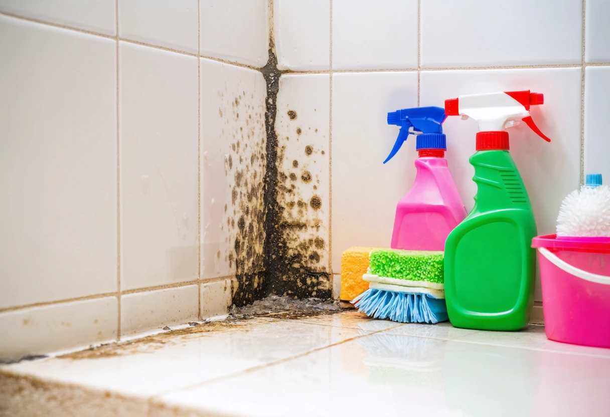 Mold in shower corner with cleaning supplies, bright lighting