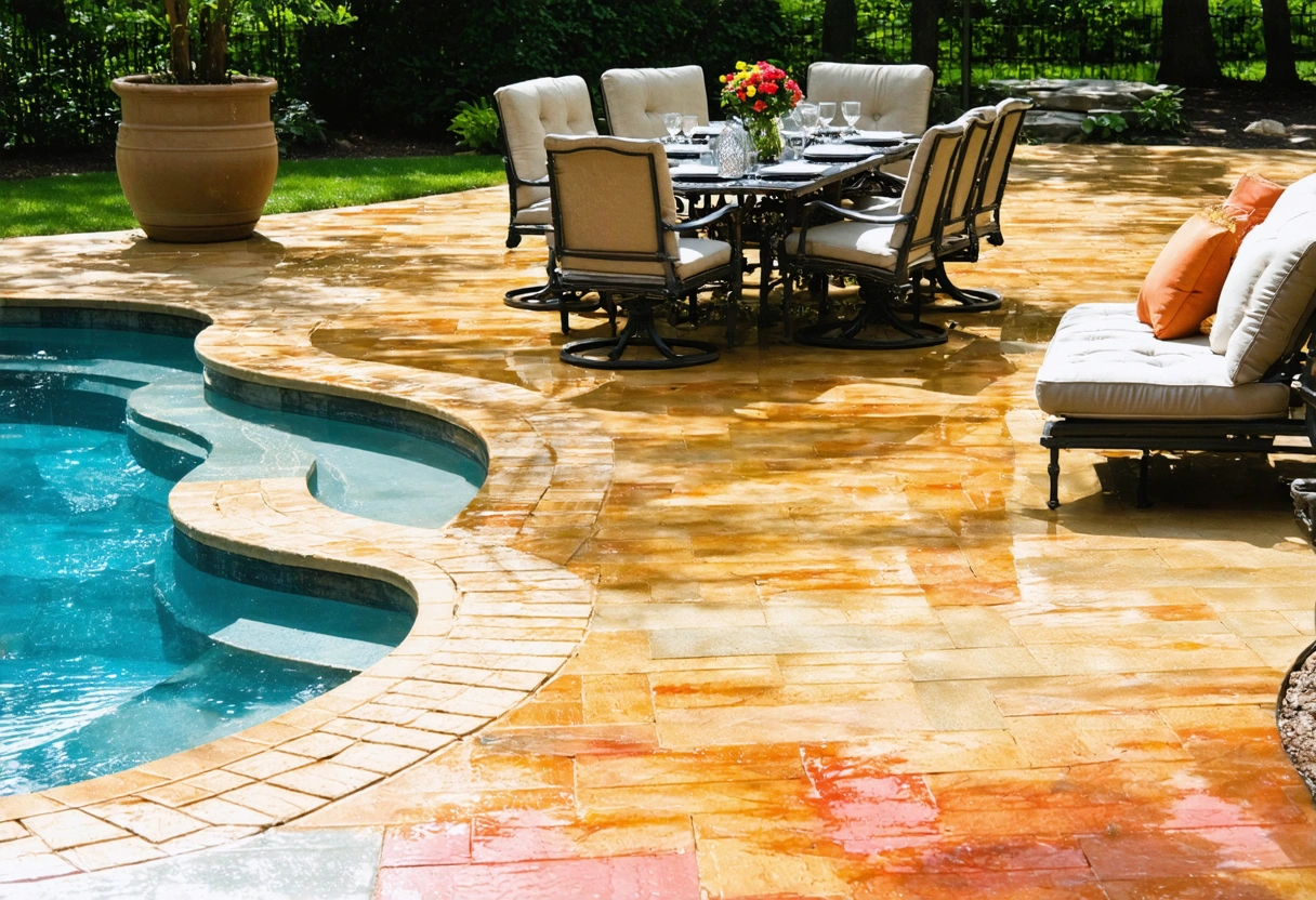 Couple dining on patio with glossy, solvent-sealed pavers