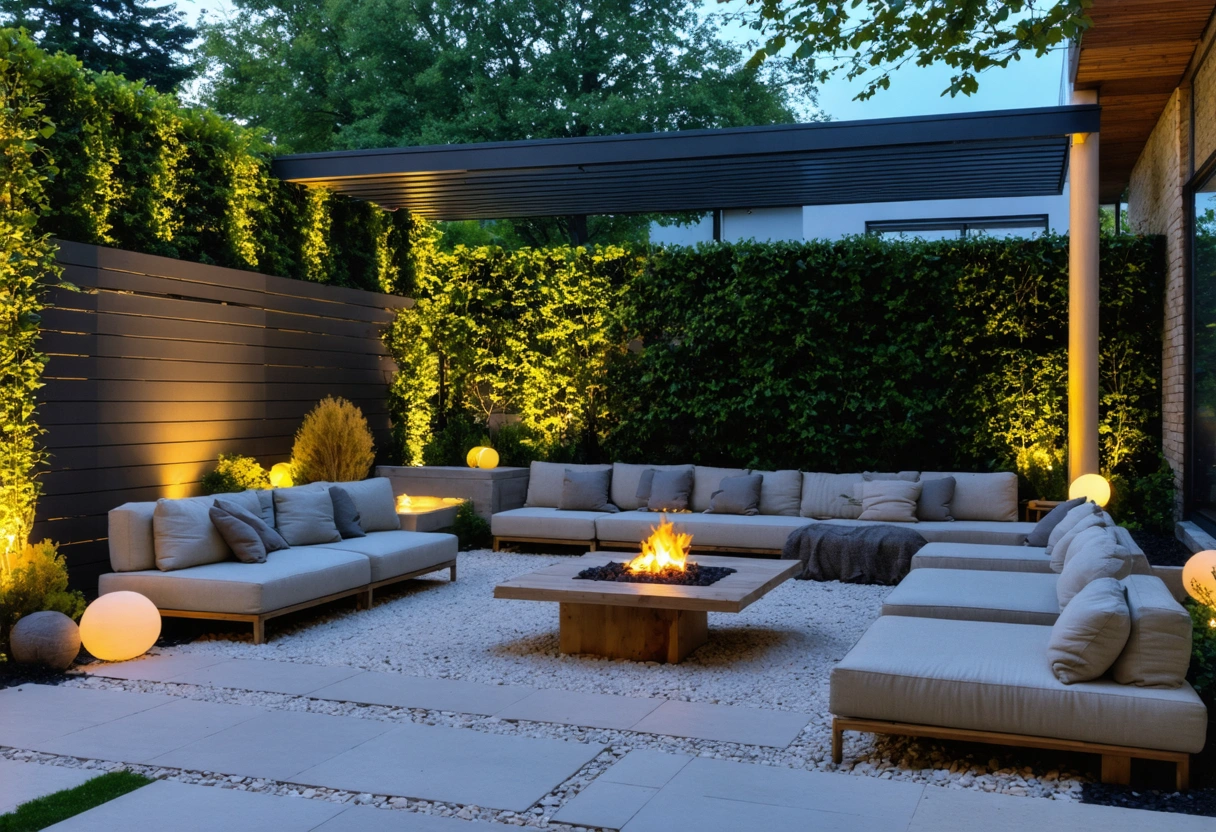 Outdoor space with clean pavers, furniture, and lighting at dusk
