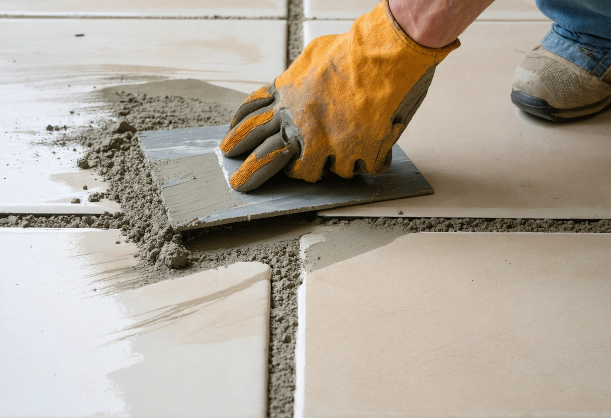 Close-up of fresh cementitious tile grout being applied between ceramic tiles