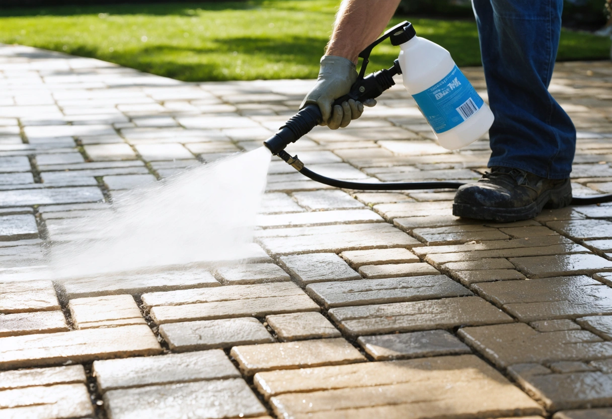 Professional applying sealant to pavers with sprayer in sunny backyard