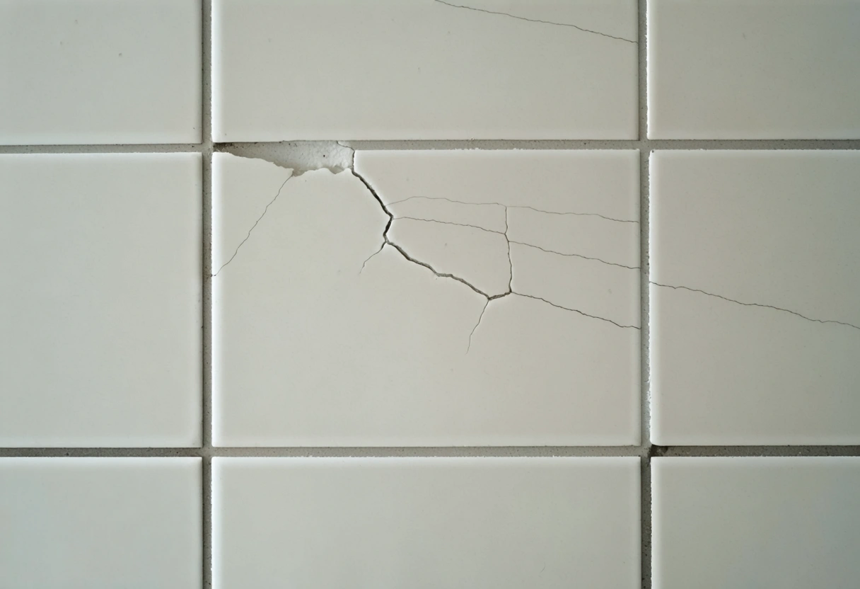 Close-up of cracked shower tile with blurred background for emphasis