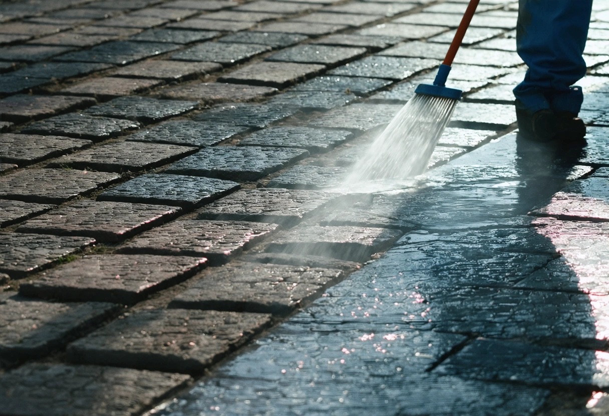 Close-up of pavers cleaned with gentle agent in soft daylight