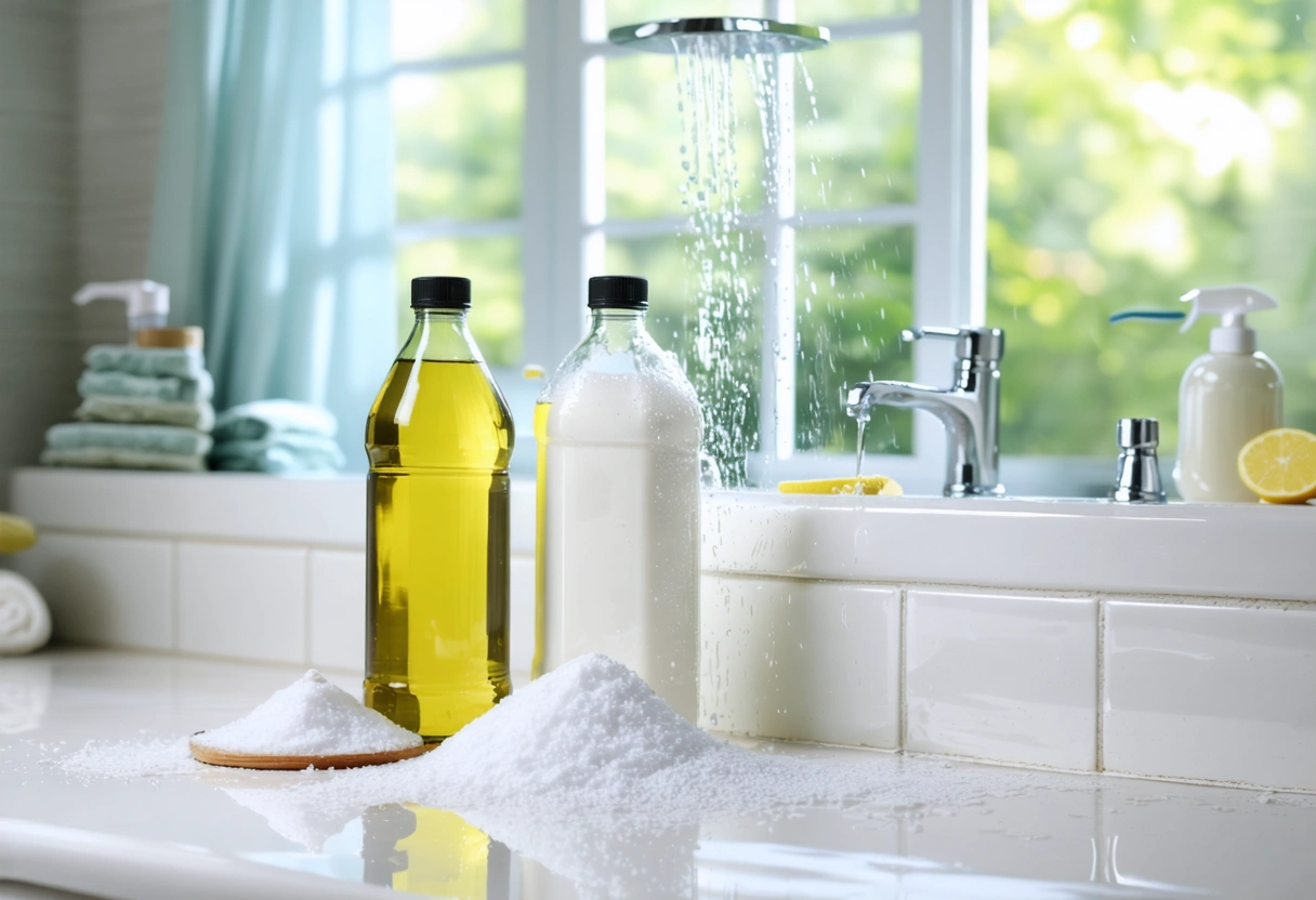 A kitchen counter with natural cleaning agents: vinegar, baking soda, and a brush. Sunlight highlights