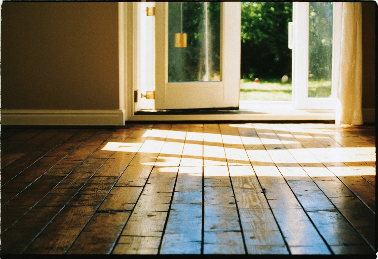 A beautifully restored wooden floor in a rental property, with sunlight streaming through a window,