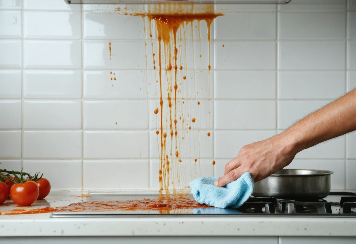A close-up of a backsplash with a small tomato sauce spill. A hand quickly wipes
