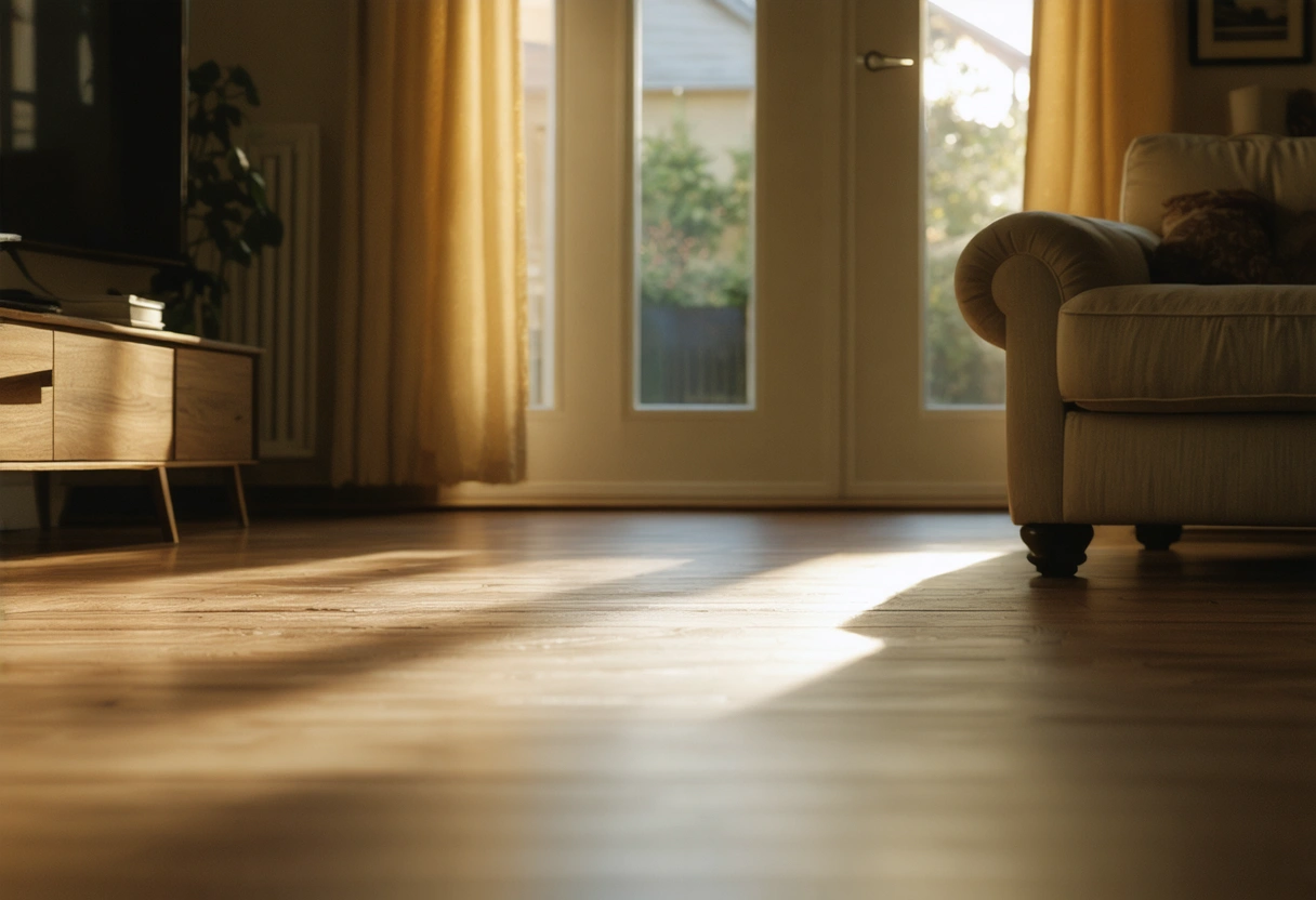 A cozy living room with laminate flooring, highlighting affordability and ease of installation. Warm lighting