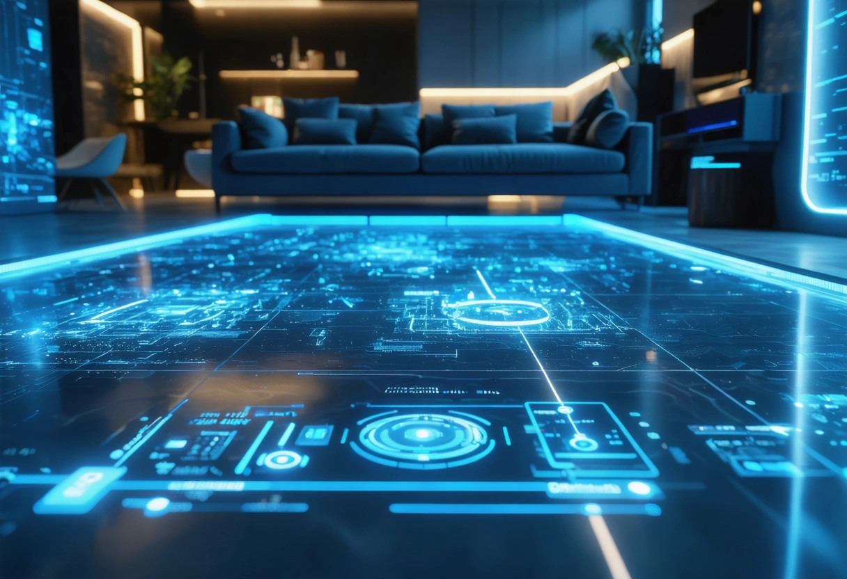 A futuristic rental property with smart flooring technology, showing sensors embedded in the floor. The