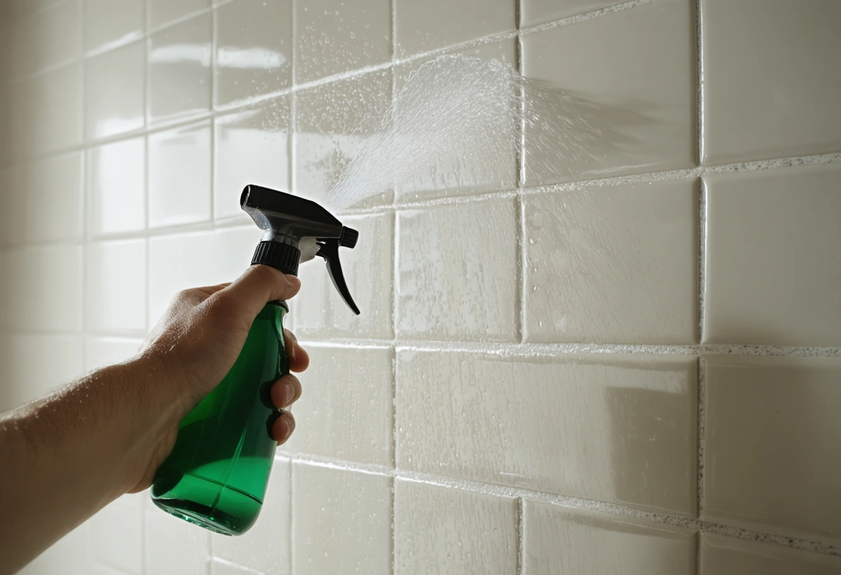 A bathroom with a bottle of daily shower spray on the shelf, tiles looking spotless.