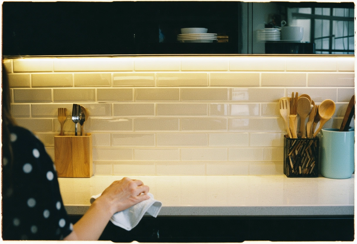 A modern kitchen with a focus on a clean, shiny backsplash. A person wipes it