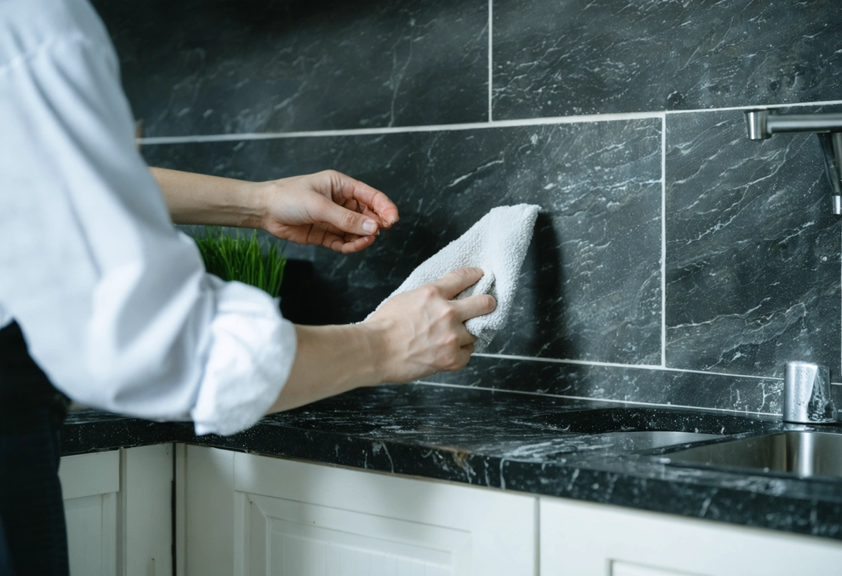 A person carefully cleaning a stone backsplash with a damp cloth, avoiding excessive water. The