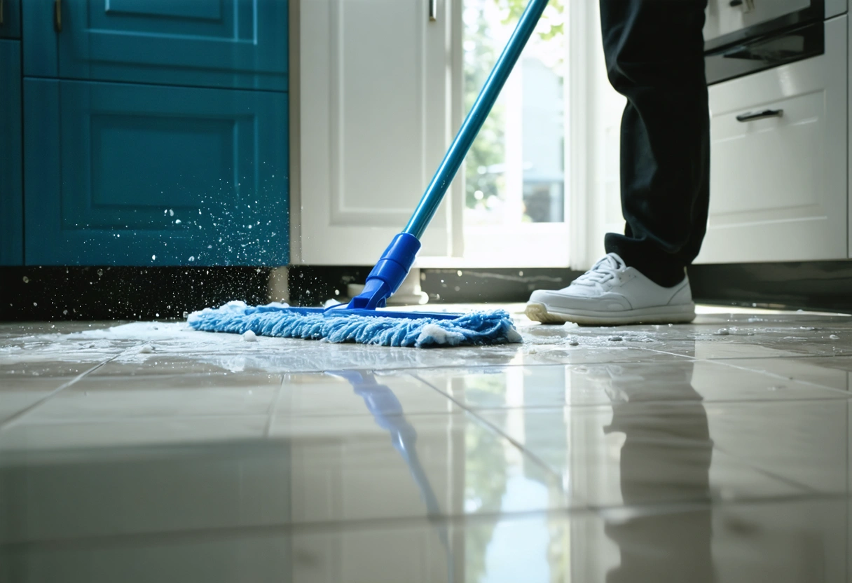 A person cleaning tile flooring with a mop and mild detergent in a sunlit kitchen.