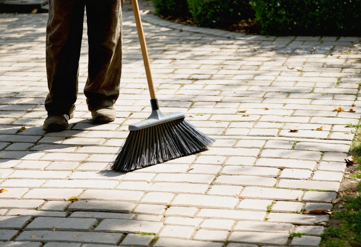 A person sweeping pavers in a backyard with a broom. Sunlight casts shadows, highlighting the