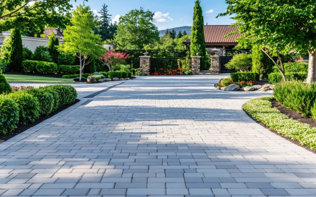 Pristine driveway with cleaned, sealed pavers, lush landscaping, and clear blue sky.