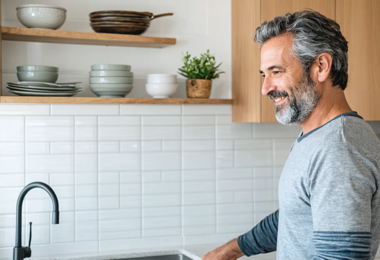 A property owner reviewing a pristine backsplash in their vacation rental, satisfied expression. Bright lighting,