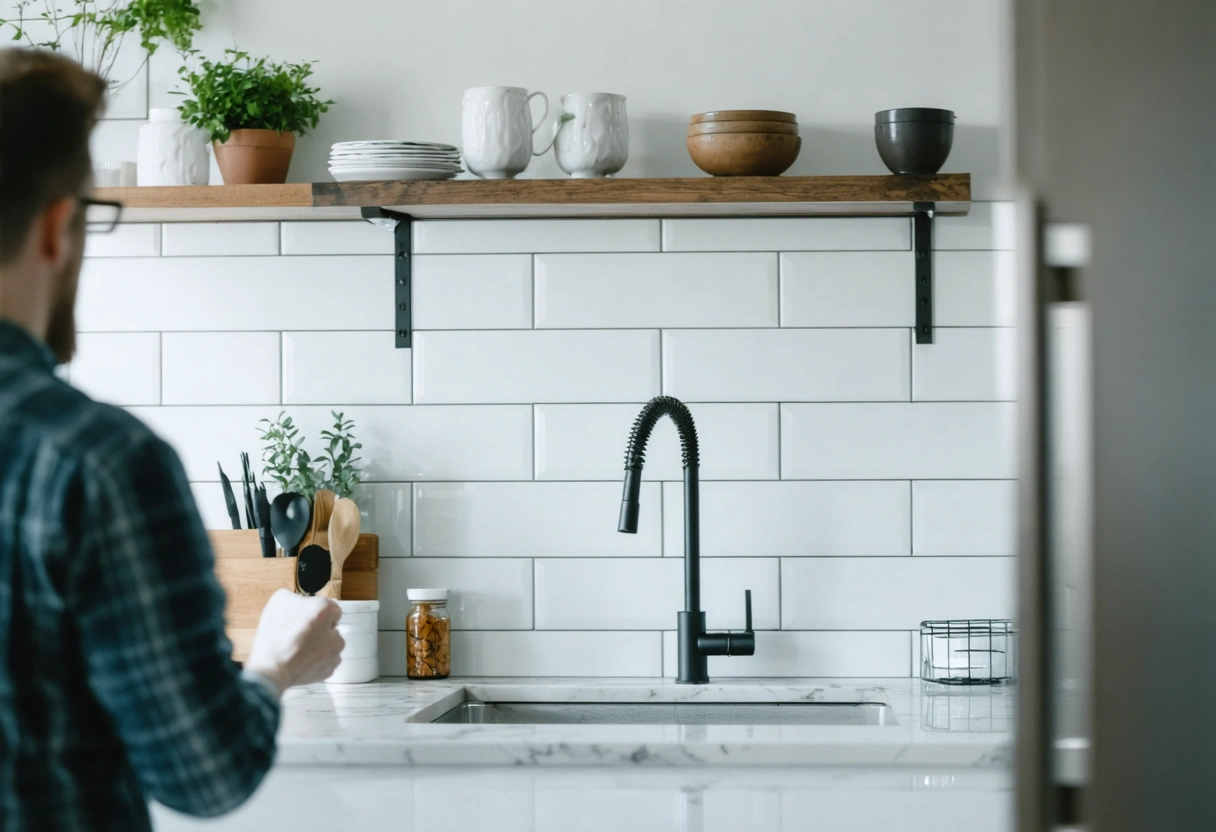 A real estate agent highlighting a well-maintained backsplash to potential buyers in a rental property.