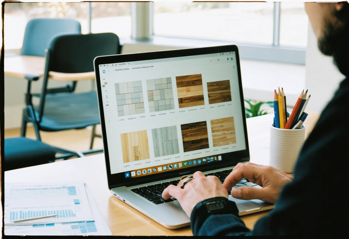 A side-by-side comparison of tile and laminate flooring cost charts on a laptop screen. A