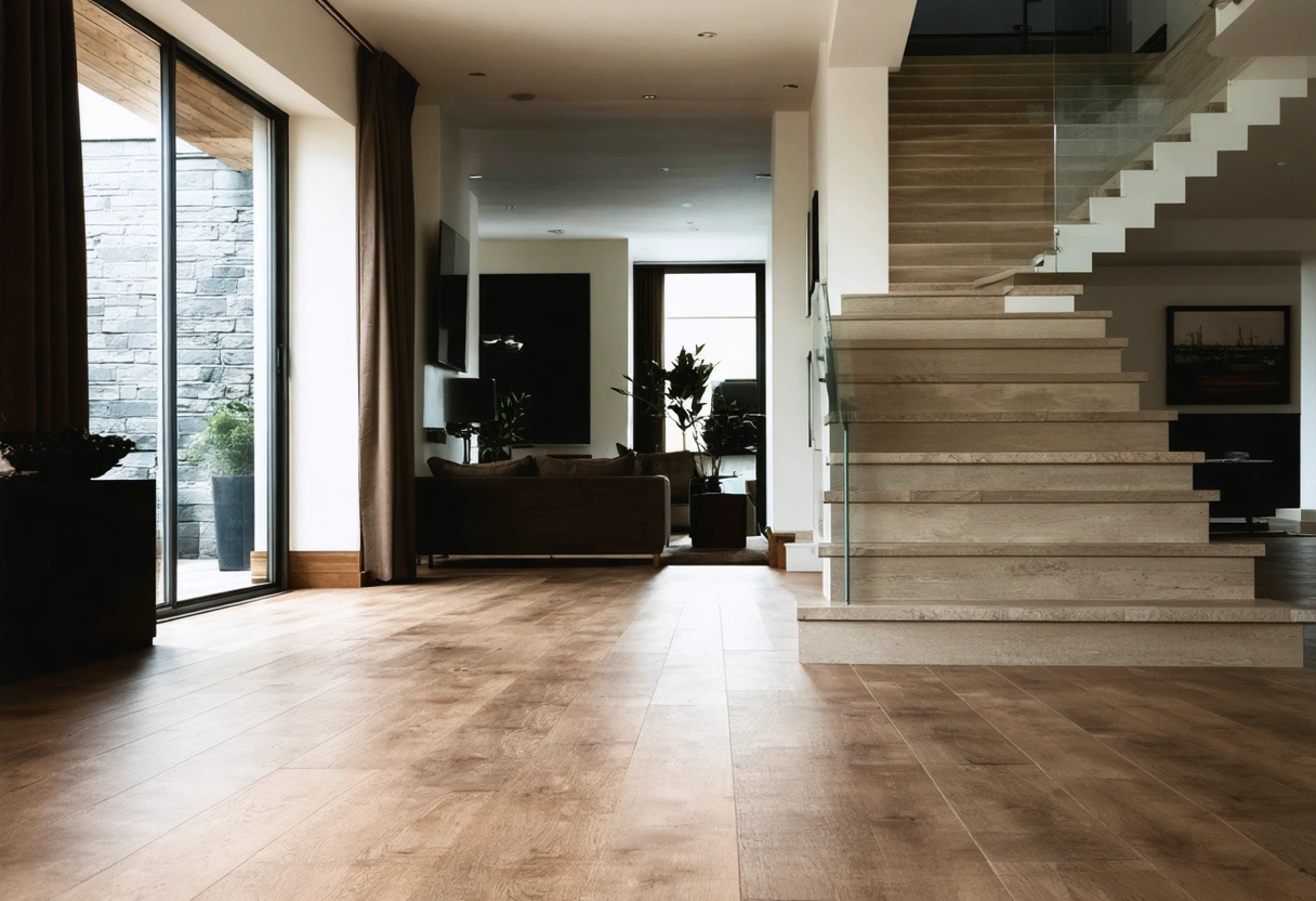 A stylish room with laminate flooring, showcasing diverse design options like wood and stone finishes.
