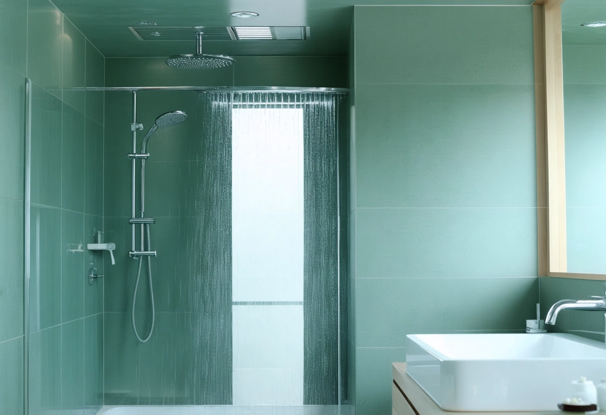 A well-ventilated bathroom with an exhaust fan running, preventing mold. Open shower door with sunlight