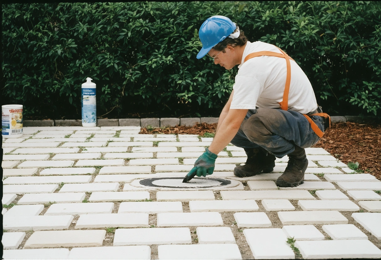 Eco-friendly sealant applied to pavers in a green setting