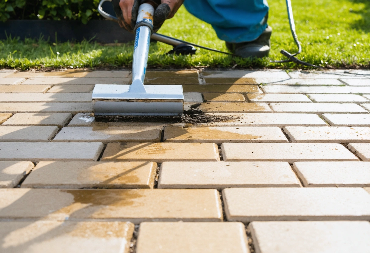 Professional applying sealant to pavers, showing cleaned versus uncleaned areas