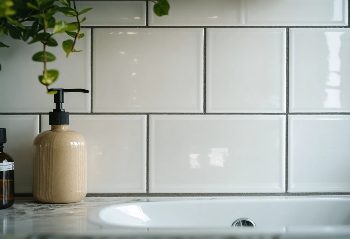 Close-up of a repaired backsplash in a bathroom, showing seamless tiles and clean grout. Bright