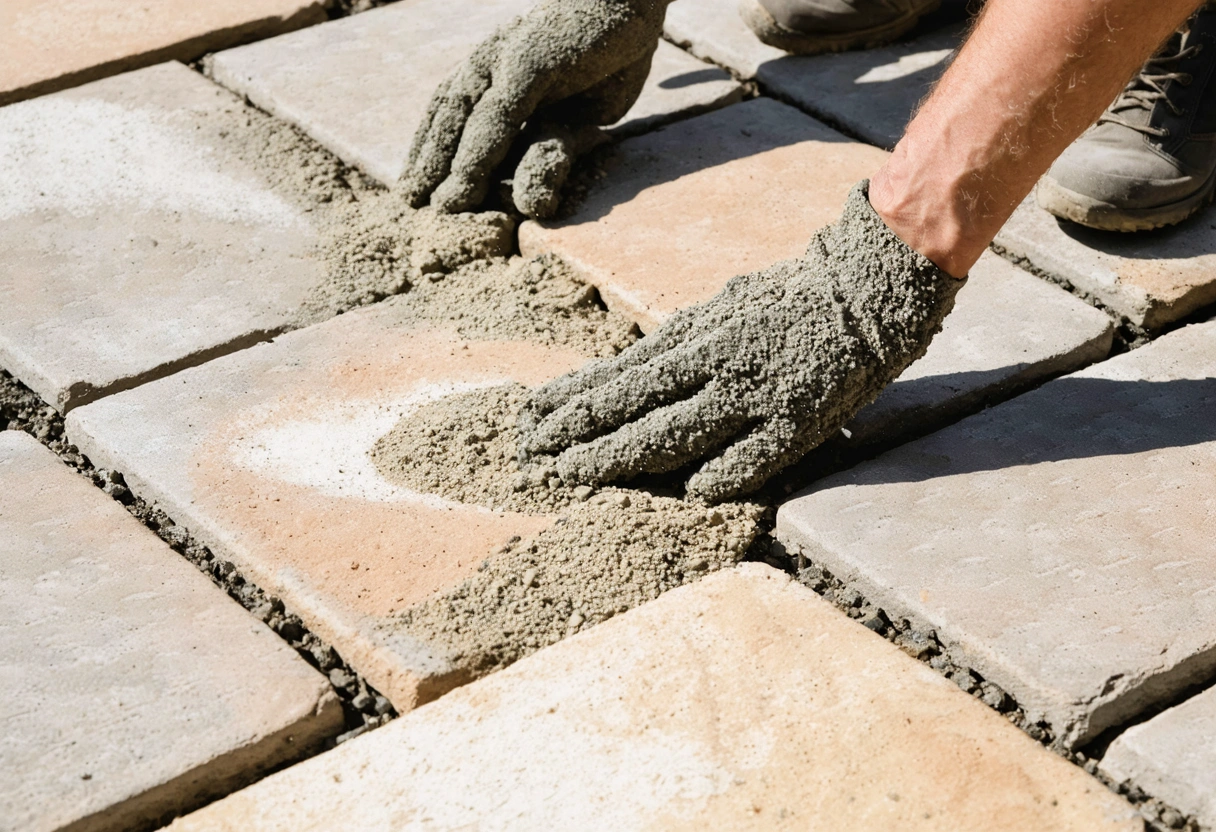 Close-up of hands applying polymeric sand to paver joints in a garden. Sunlight illuminates the