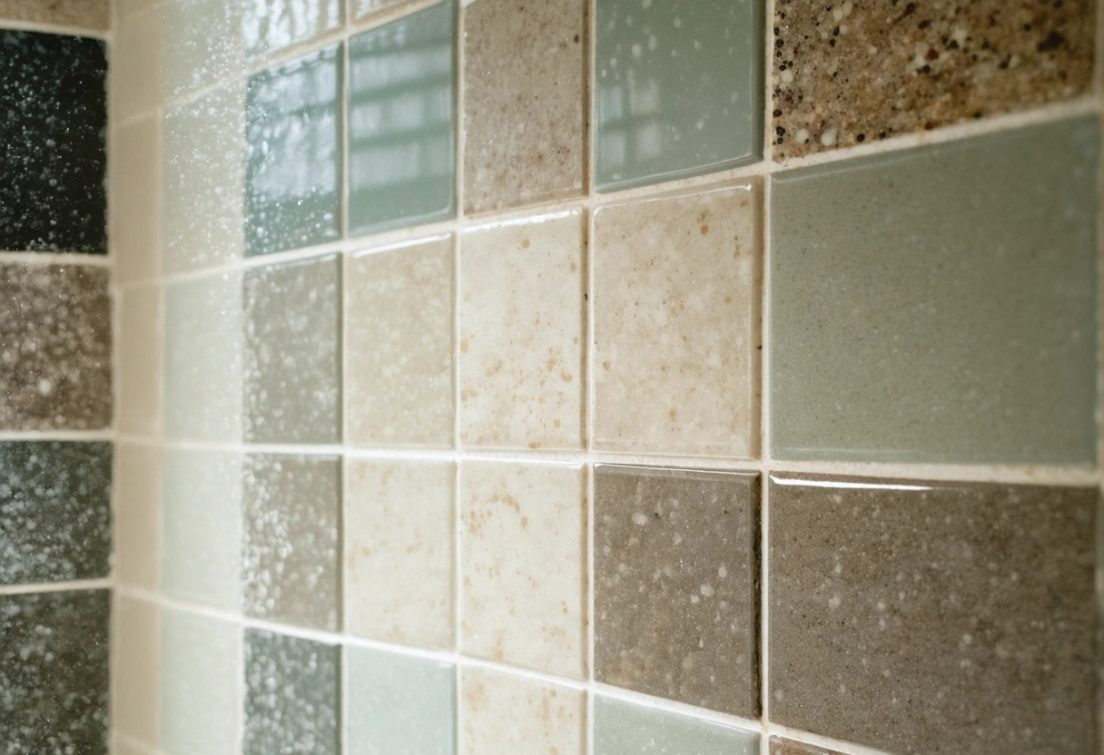 Close-up of various shower tiles: ceramic, porcelain, natural stone, and glass, each with distinct textures