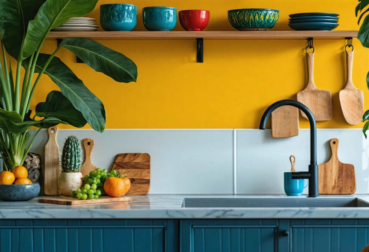 Guests admiring a beautifully maintained kitchen backsplash in a vacation rental, vibrant colors, clean lines.