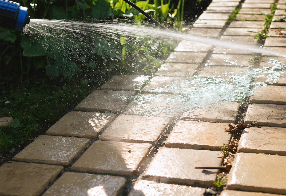 Pressure washer cleaning pavers in a garden. Water sprays create a dynamic effect. Close-up shot