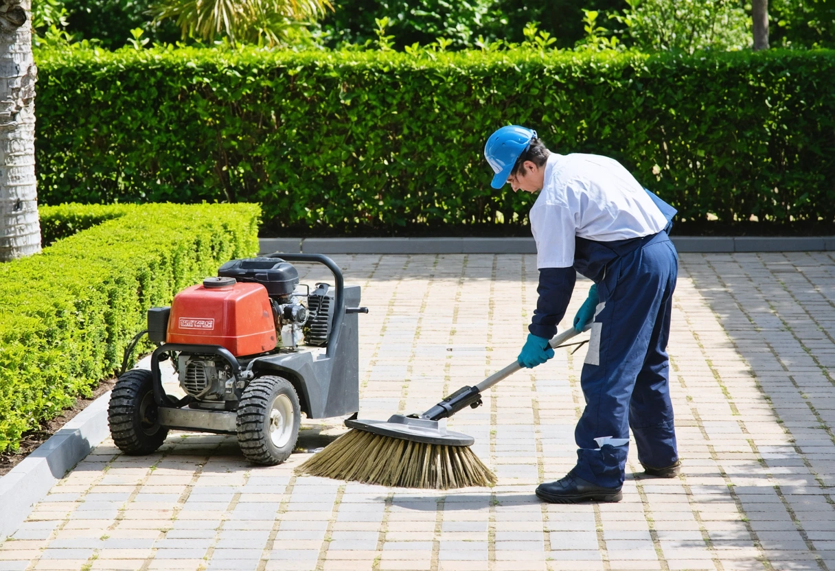 Professional in uniform cleaning pavers with specialized equipment. Garden setting with lush greenery. Midday lighting