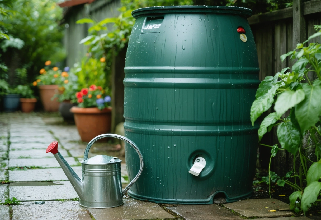 Rainwater barrel next to pavers in a garden. Watering can nearby, suggesting eco-friendly cleaning. Overcast