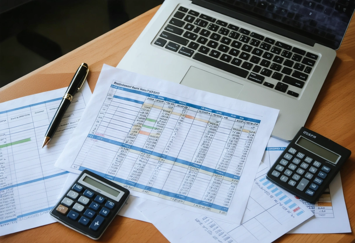 A business planner with a budget spreadsheet open on a laptop, surrounded by notes and