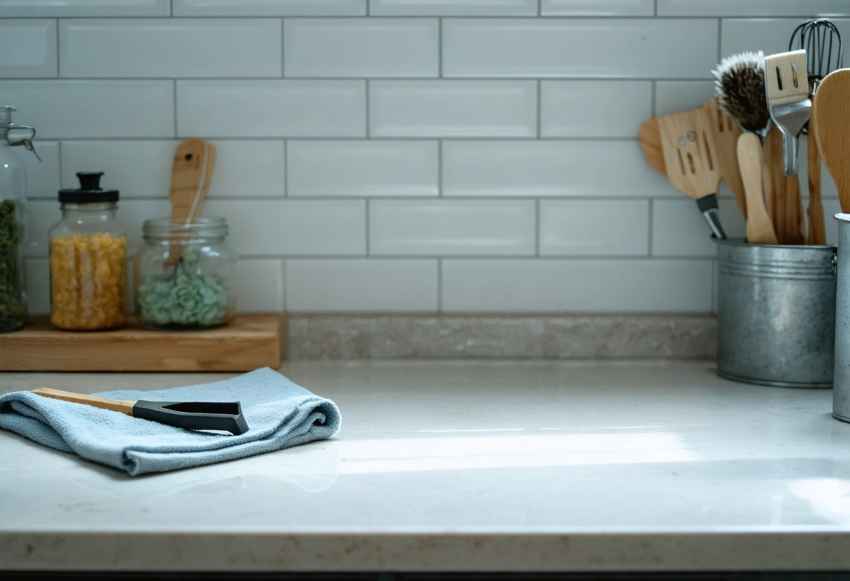 Clean, dry backsplash surface with cleaning cloth and tools nearby