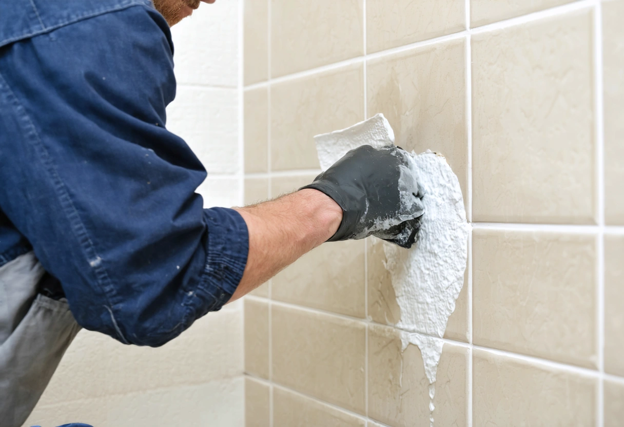 A close-up of a flooring expert sealing a shower wall, demonstrating precision and waterproofing techniques.