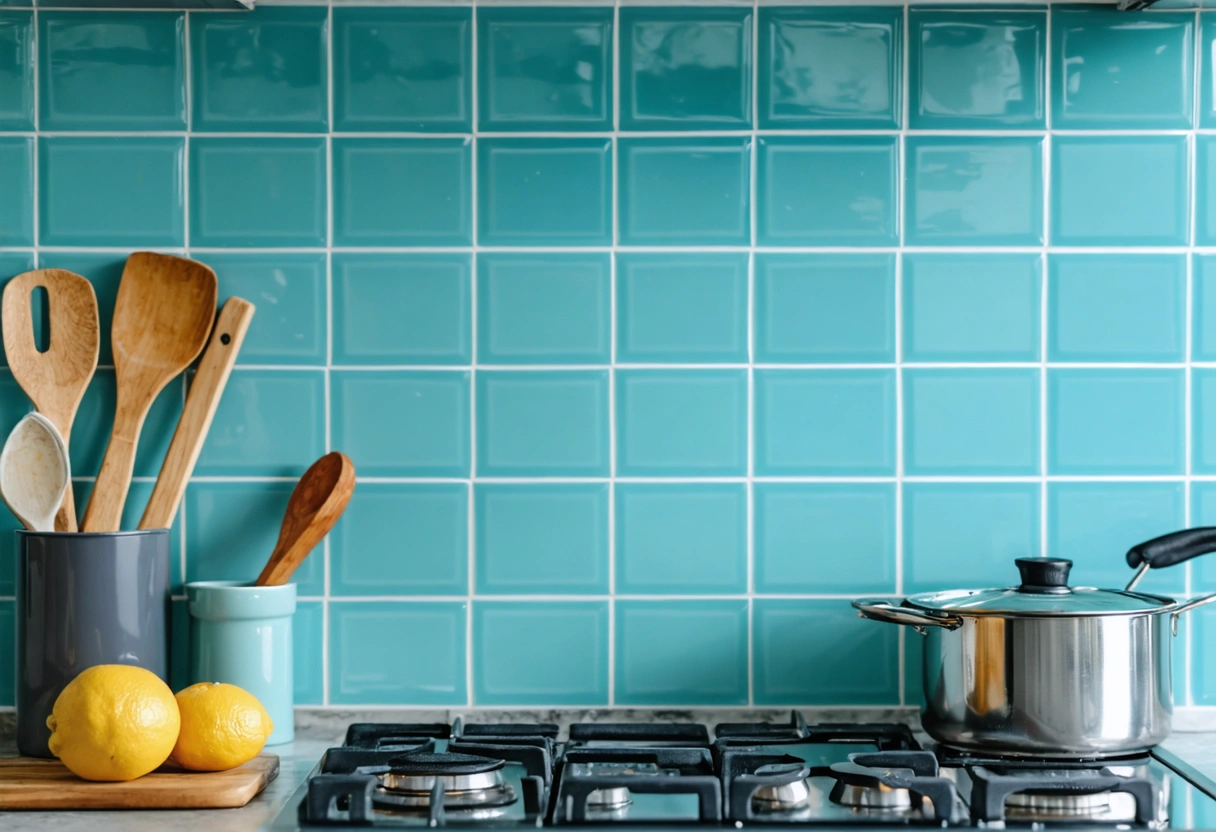 Close-up of epoxy grout on kitchen backsplash under bright lighting
